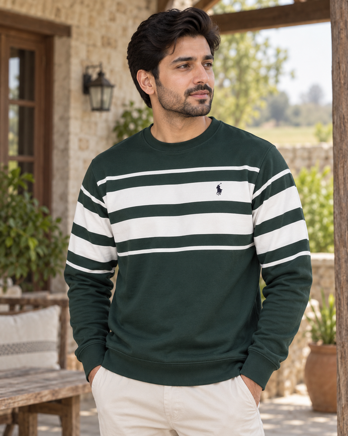 Green and White Stripe Terry Sweatshirt