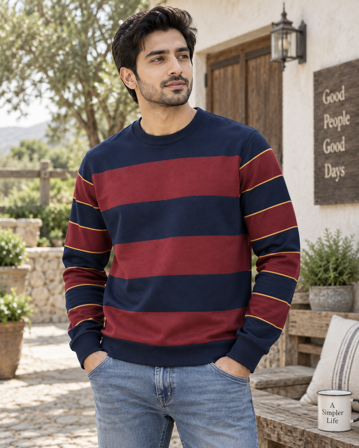 Navy and Maroon Rugby Stripe Terry Sweatshirt