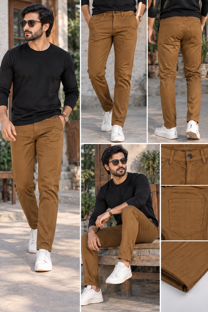 Tan Slim Fit Cotton Jeans